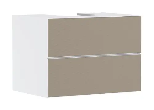 Weißer Waschtischunterschrank mit zwei Schubkästen. Die Fronten sind in einem hellen, strukturierten Design gehalten. Marke: Hansgrohe.